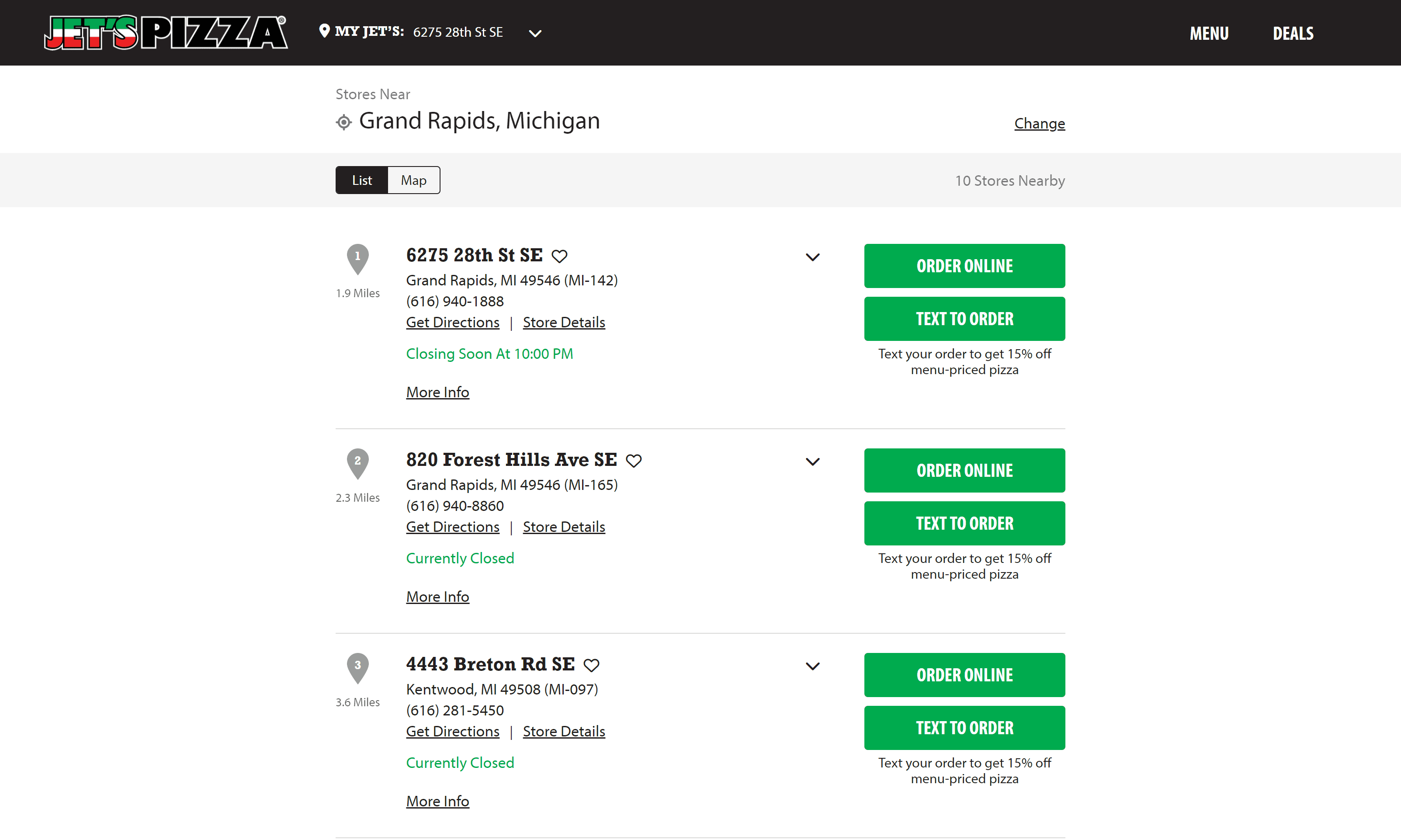 Jet's Pizza Locations List screenshot