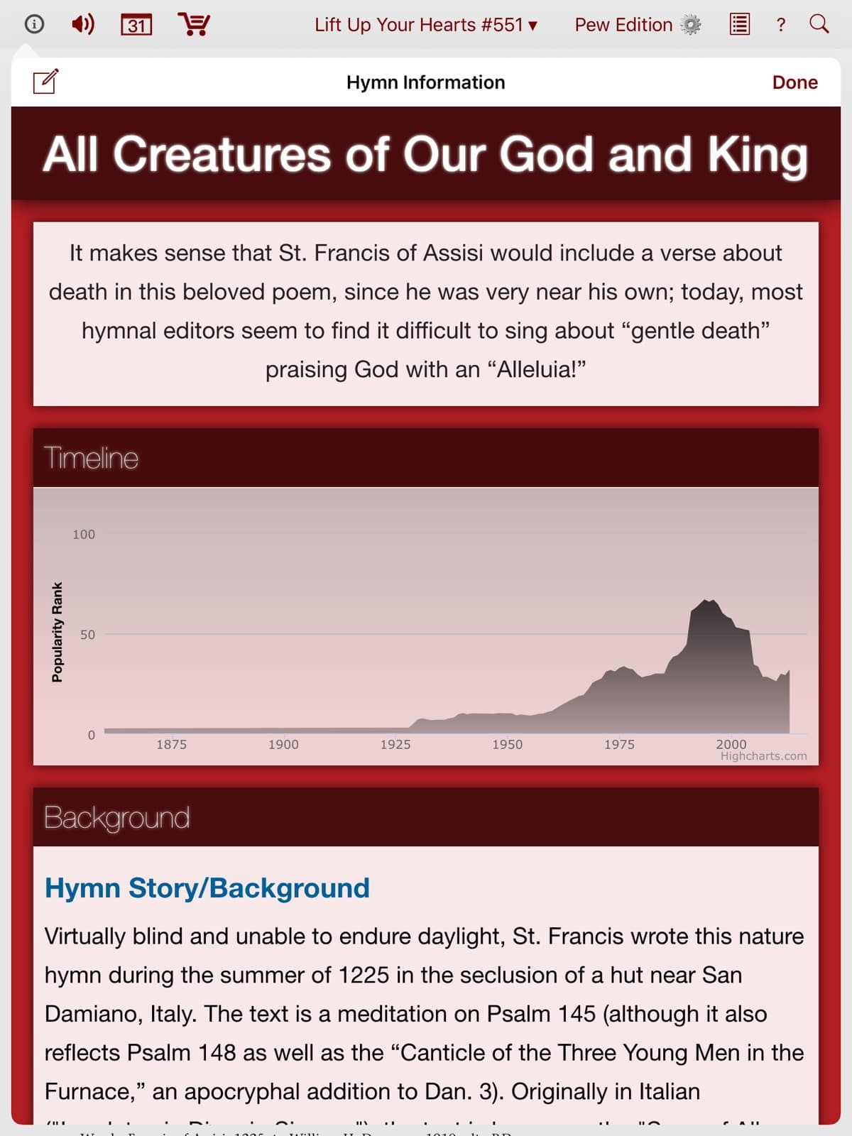 An informational page showing detals about the hymn 'All Creatures of Our God and King'. There is a graph showing usage of the hymn in hymnals over time and a paragraph of background information.