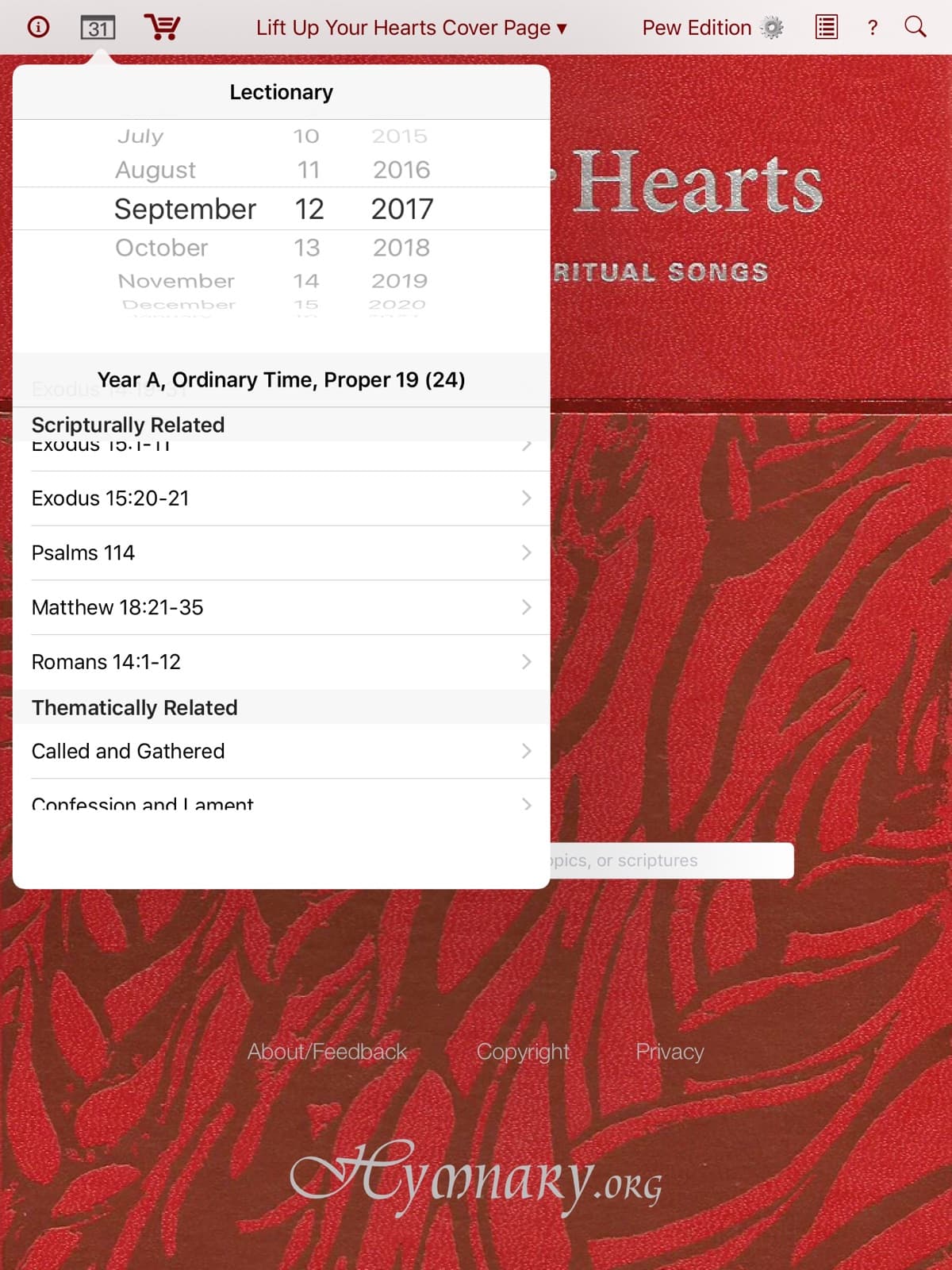 A screenshot showing the lectionary dropdown in the interface of the app. The smaller window contains a date picker and a list of hymns the lectionary recommends for the selected day.