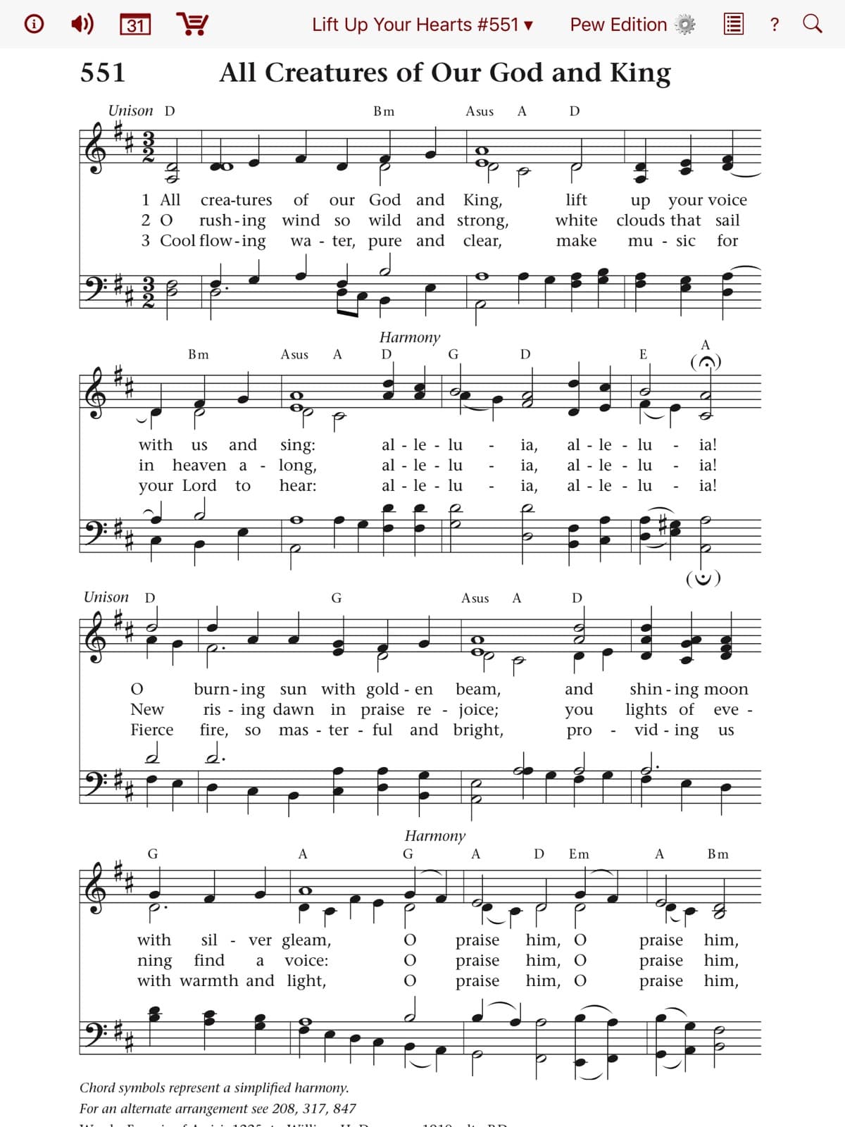 A view of the sheet music for the hymn 'All Creatures of Our God and King.