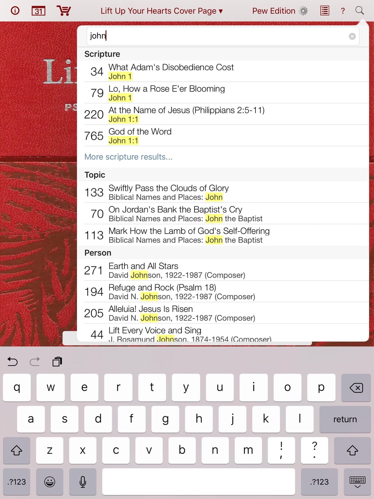 A screenshot showing the search dropdown in the interface of the app. A smaller window contains a search bar with the entry 'John' typed in. Results for the search appear below and include entries categorized by scripture, topic, and person.