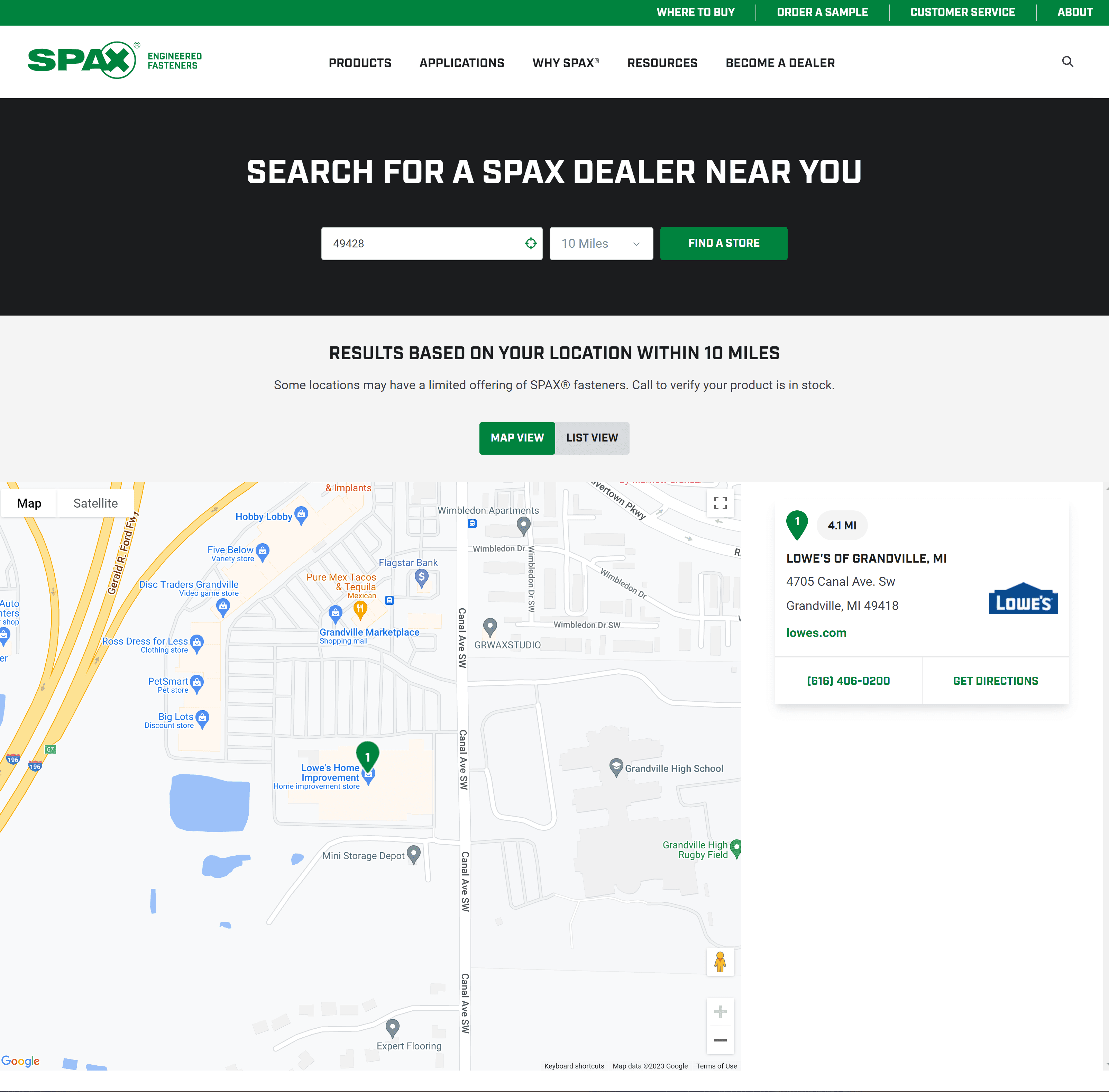 Spax Where To Buy map and locator page screenshot